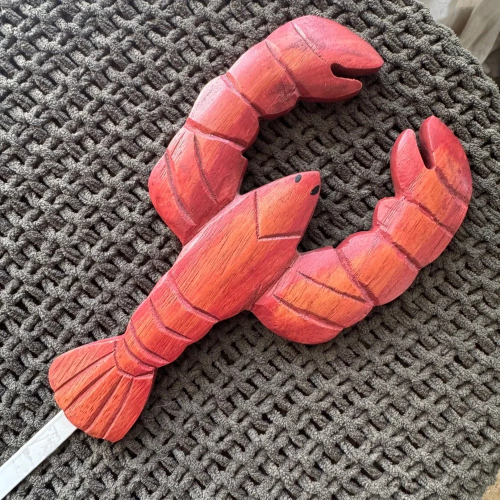 Red Hand Carved Wooden Lobster Wall Hook Nautical Coastal Beach Decor